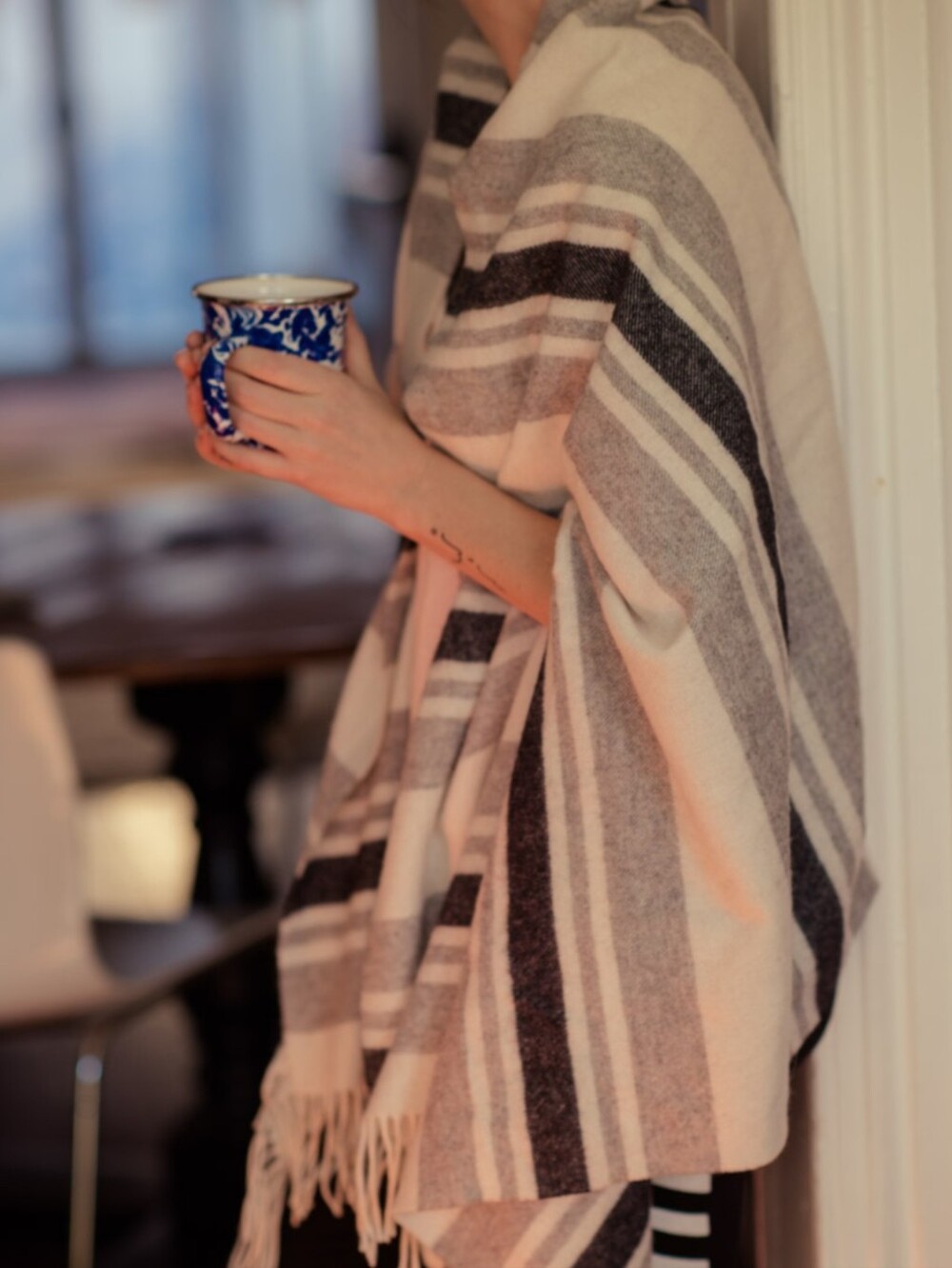 Madewell 100% Wool Striped Cape Poncho Wrap Fringe One Size